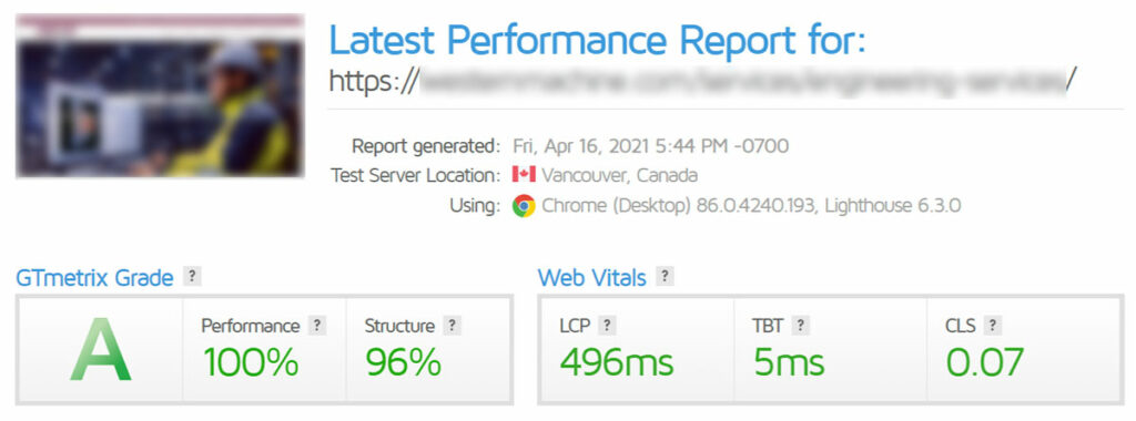 GTmetrix website performance score
