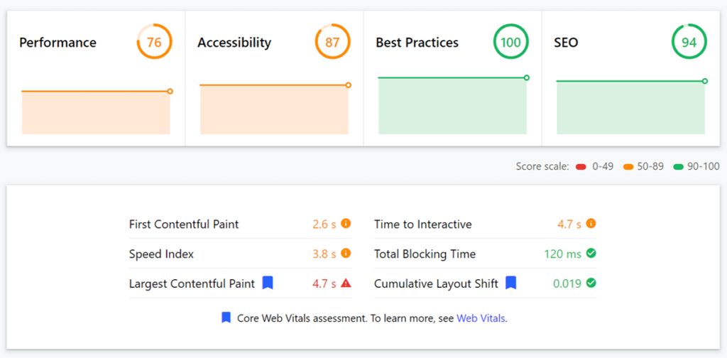web.dev page experience score