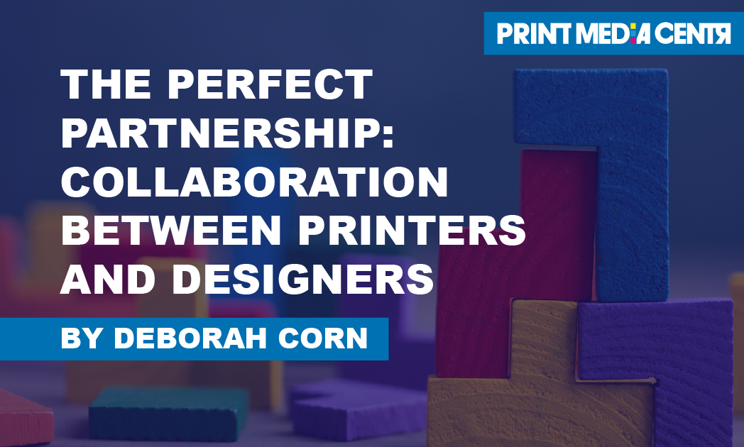 multicolored blocks stacked in a blue background to illustrate creative collaboration between printers and designers