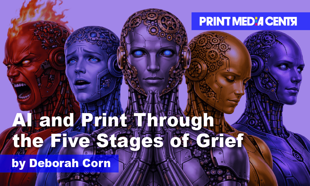 AI and Print. Robots representing the 5 stages of grief